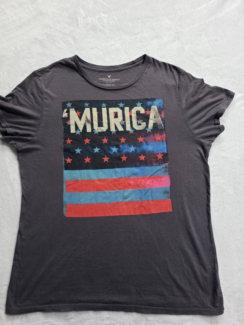 American Eagle MURICA Graphic T Shirt Patriotic Flag Stars Black L